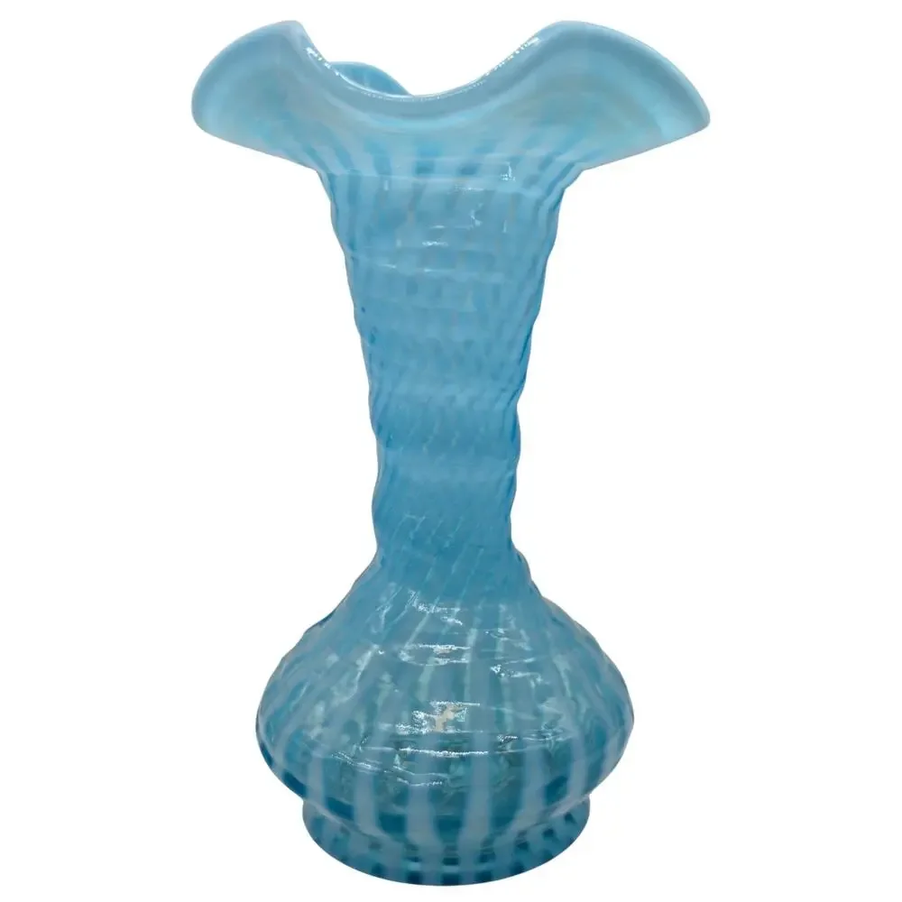 VINTAGE FENTON BLUE OPAL SWIRL OPTIC VASE 8